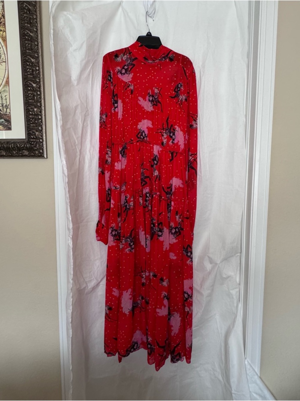 Diane Von Furstenberg-High Neck Red Floral Maxi Dress with Long Sleeves